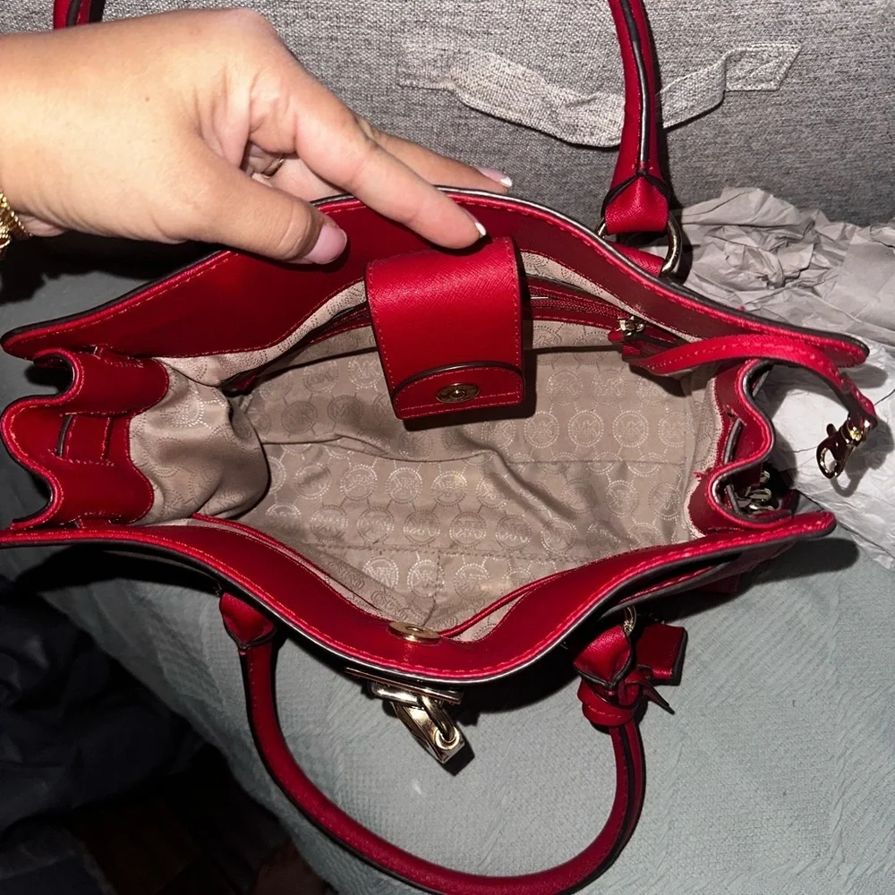 Red leather shoulder bag top handle satchel bag Michael Kors Hamilton purse